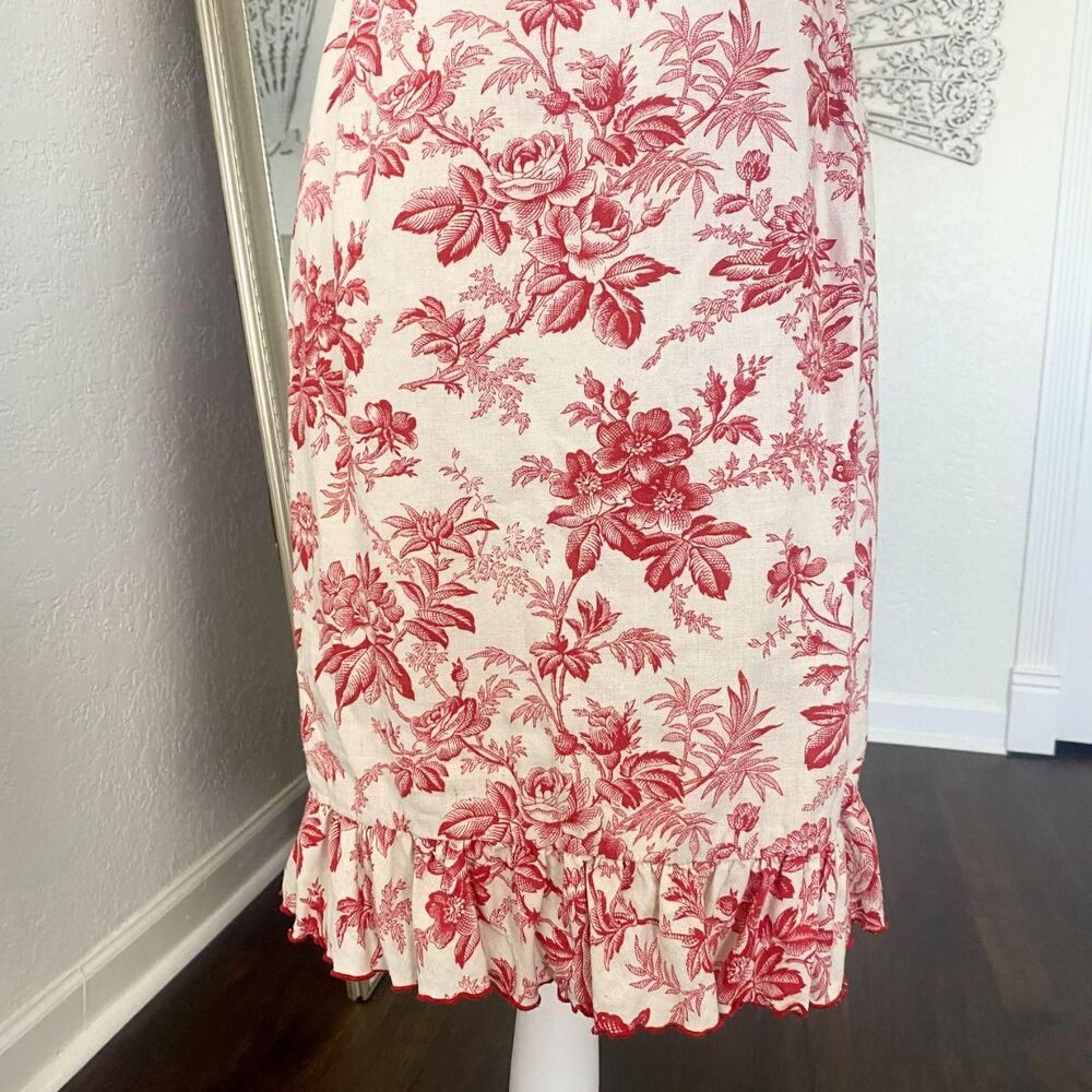 Maggy London Early 2000's Cotton Linen Flower Trumpet Ruffle Midi Dress S / 6 - Picture 2 of 7